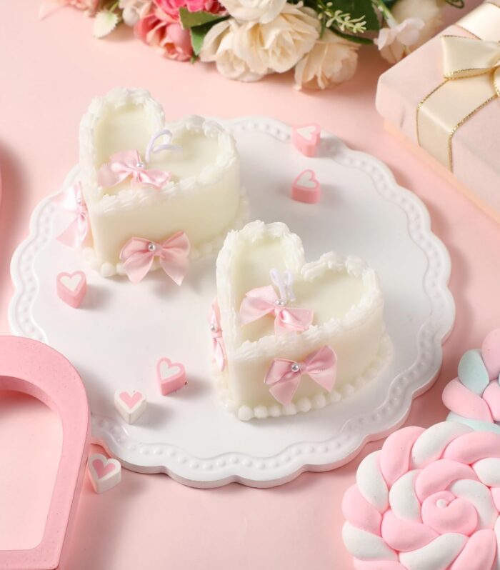 CANDLE CABINETS Coquette Room Decor Aesthetic, Heart Cake Shaped Soy Wax Decorative Candle with Pink Bows for Apartment, Girly Kawaii Cute Stuff for Bathroom Decor. PAck of 2