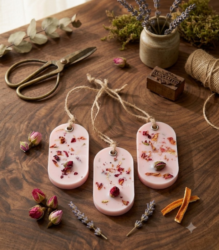 CANDLE CABINETS 100% Natural Soy Wax Wardrobe & Drawer Freshener – Handmade Hanging Scented Tablet (1 Pack, Rose Fragrance) – Eco-Friendly Air Freshener for Closet, Cupboard, Car & Gift