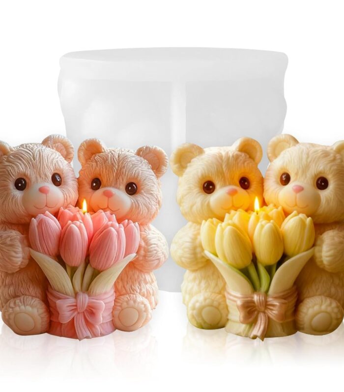 Couple Teddy Bear Holding Tulip Bouquet Candle Mold A