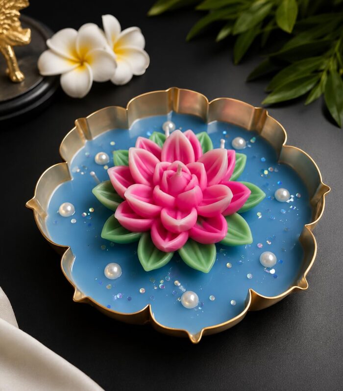 Designer Lotus Urli Handcrafted Soy Wax Decorative Candle with Lotus Inspired Floral Design - 5.5 Inch